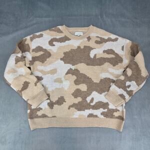 Lucky Brand Camo Pattern Wool Blend Crew Neck Knit Sweater Medium Tan Oatmeal